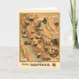 Vintage Unique Restored Map of California, 1885 Card