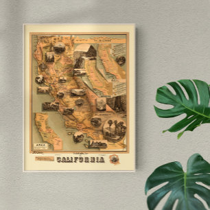 Vintage Unique Restored Map of California, 1885 Poster