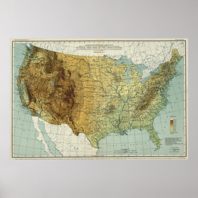 Vintage United States Physical Features Map (1915) Poster (Front)