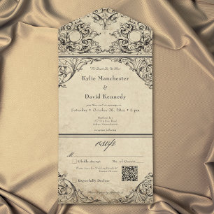 Vintage Until Death Black Parchment Wedding QR All In One Invitation