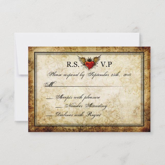 Vintage Urban Tattoo Winged Heart RSVP Cards (Front)