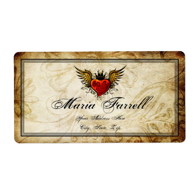 Vintage Urban Tattoo Winged Heart Shipping Label (Front)