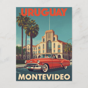 Vintage Uruguay Travel Poster Convertible Car Postcard