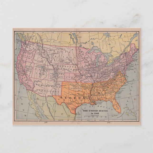 Vintage US Civil War Era Map 1861 Postcard (Front)