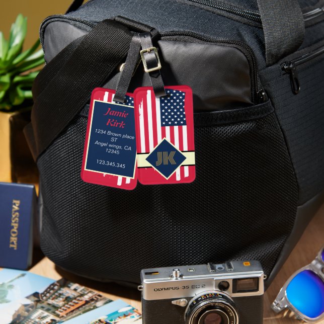 vintage US Flag monogram personalise custom Luggage Tag (Front & Back)
