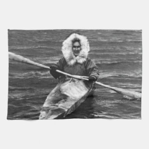 Vintage USA Alaska eskimo and his kayak 1970 Tea Towel