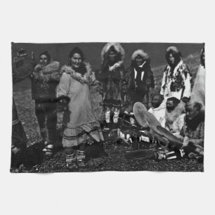 Vintage USA Alaska Eskimo dancers 1970 Tea Towel