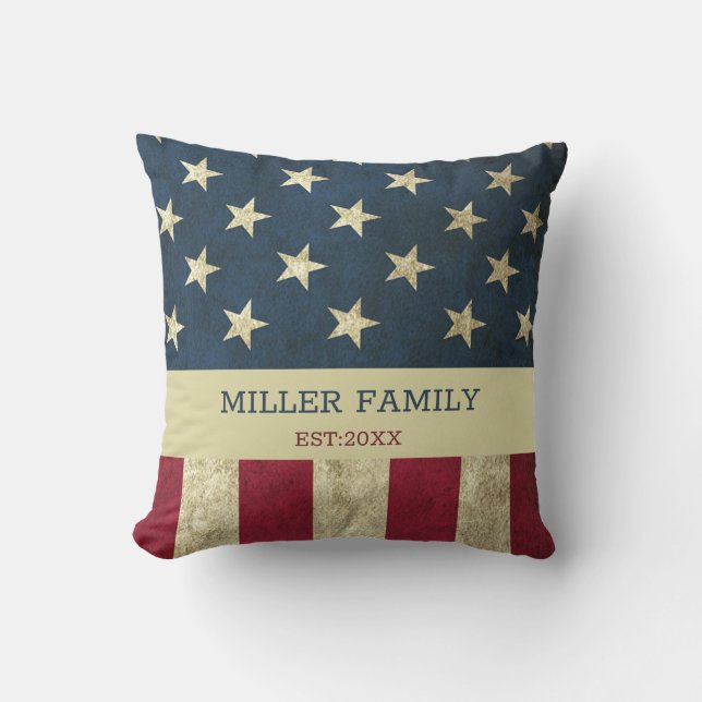 Vintage USA American Flag Family Name Rustic Cushion (Front)