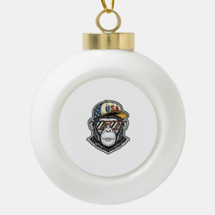 Vintage USA Chimp Patriotic Sunglasses Shirt Desig Ceramic Ball Christmas Ornament