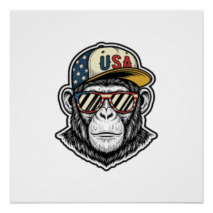 Vintage USA Chimp Patriotic Sunglasses Shirt Desig Poster