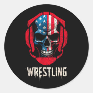Vintage USA Flag Skull Wrestling Wrestler Martial Classic Round Sticker