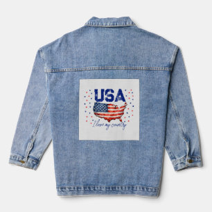 Vintage USA Map Patriotic T-Shirt - I Love My Coun Denim Jacket