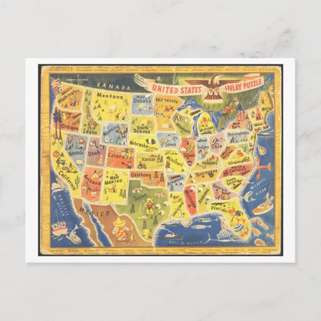 Vintage USA Map Puzzle Postcard (Front)