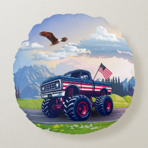 Vintage, USA monster truck Round Cushion