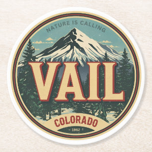 vintage Vail colorado outdoor winter snow ski Round Paper Coaster