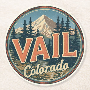 vintage Vail colorado outdoor winter snow ski Round Paper Coaster