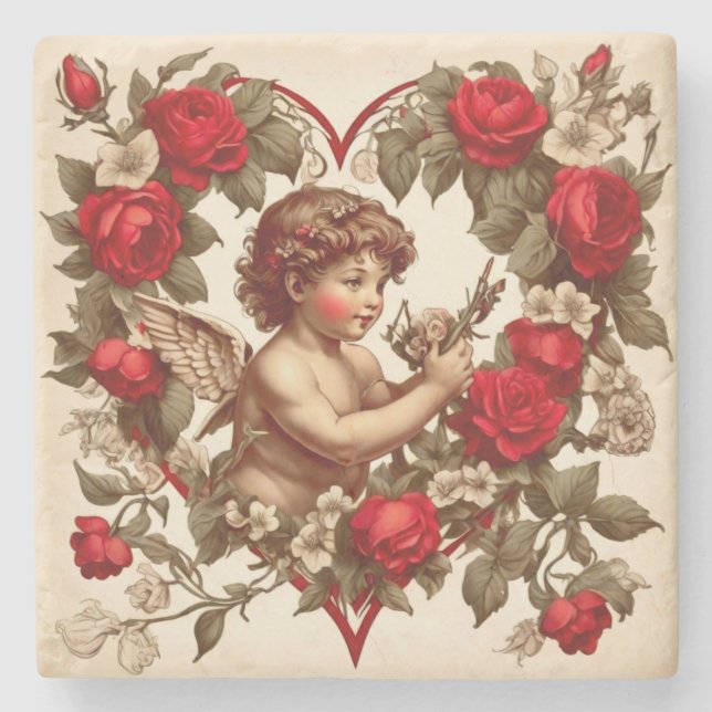 Vintage Valentine art love cupid Stone Coaster (Front)