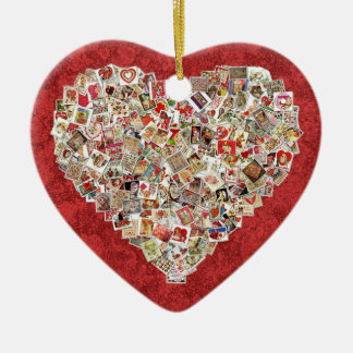 Vintage Valentine Card Heart Collage on Red Ceramic Tree Decoration