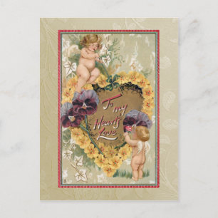 Vintage Valentine Cherubs and Pansies Postcard