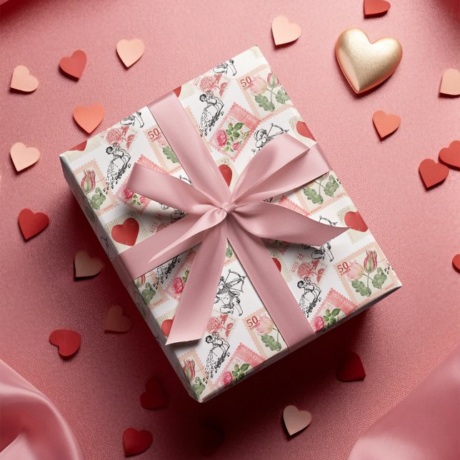 Vintage Valentine Cupid and Stamps Wrapping Paper (Creator Uploaded)