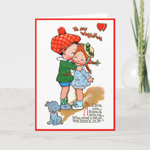 Vintage Valentine Cute Girl & Boy With Dog Card