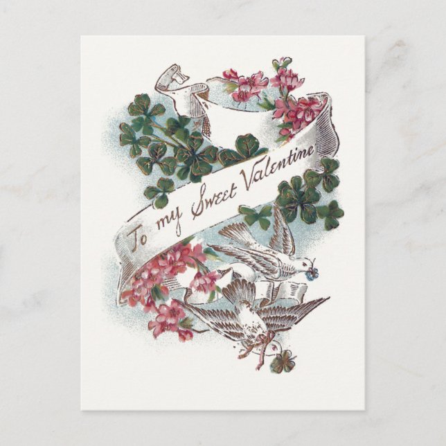 Vintage Valentine Doves, Clover and Flowers Holiday Postcard (Front)