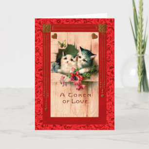 Vintage Valentine Grey Kittens & Hearts Holiday Card