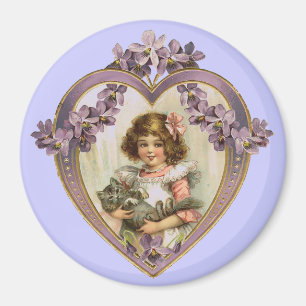 Vintage Valentine Heart Girl & Kitty Magnet