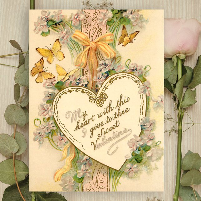 Vintage Valentine Heart, Ribbons & Butterflies Postcard (Creator Uploaded)