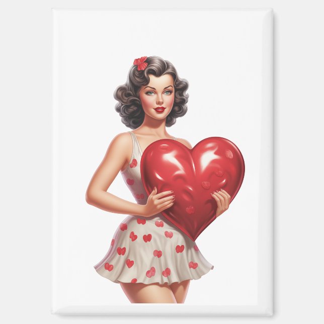 Vintage Valentine Pin-Up Girl Heart Magnet (Front)