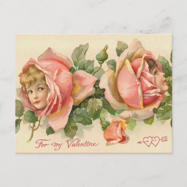 Vintage Valentine Pink Rose Faeries Postcard (Front)