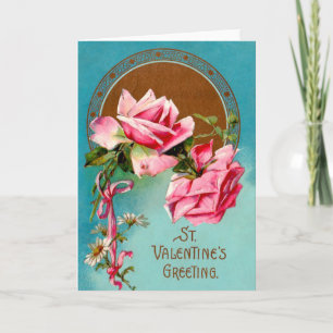 Vintage Valentine Pink Roses & White Daisies Holiday Card