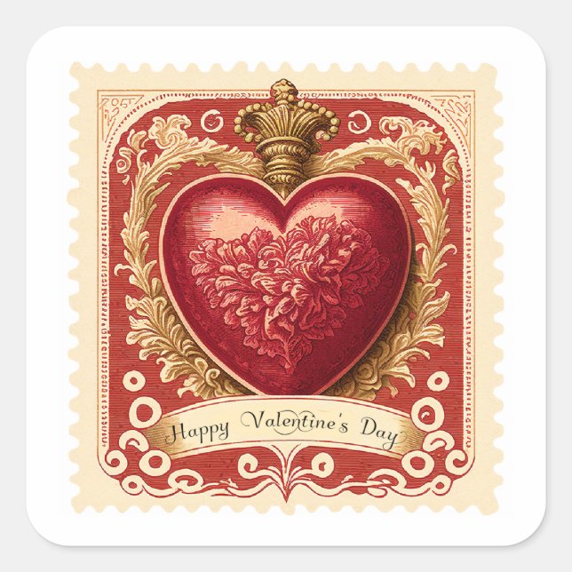 Vintage Valentine Red Heart Postage Stamp Square Sticker (Front)