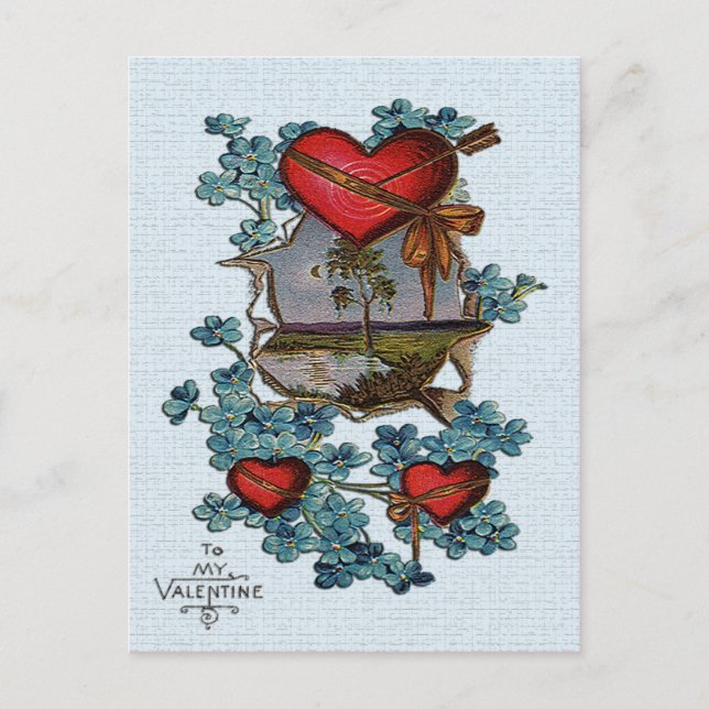 Vintage Valentine Red Hearts, Tree and Lake Card (Front)