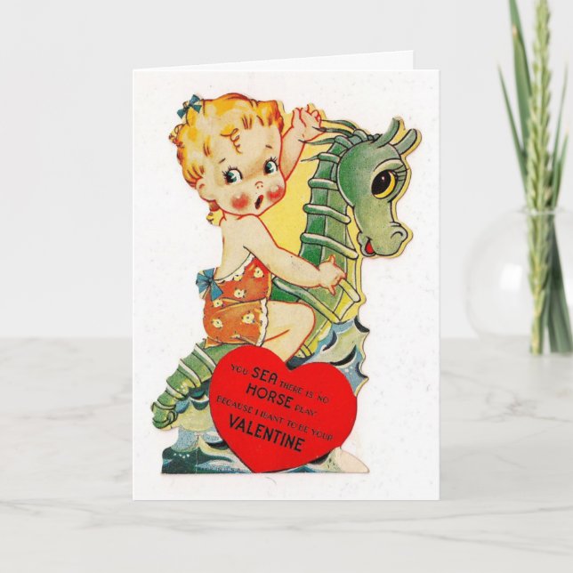 Vintage Valentine - Riding a Seahorse, Holiday Card (Front)