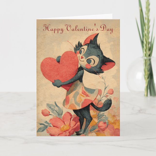 Vintage Valentine`s Day Cat With Heart Card (Front)