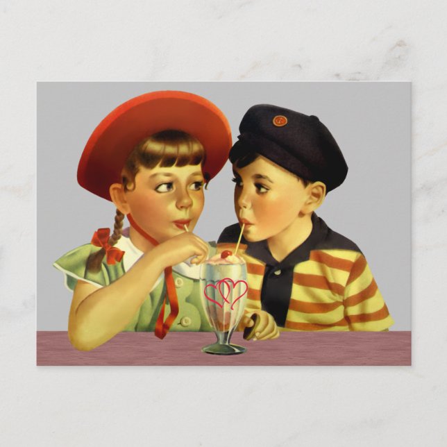 Vintage Valentine Sharing an Ice Cream Float  Postcard (Front)