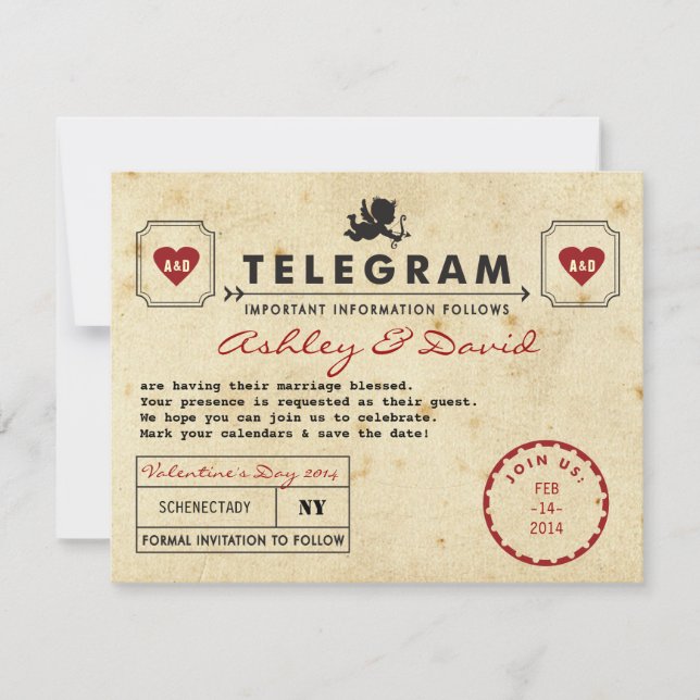 Vintage Valentine Telegram Card Save the Date (Front)