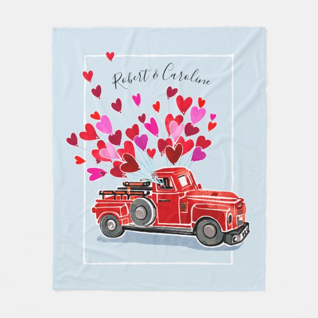 Vintage Valentine Truck Add Names Fleece Blanket (Front)