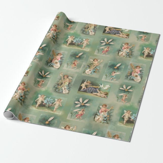 Vintage Valentine Winged Cupid Collage Wrapping Paper (Unrolled)
