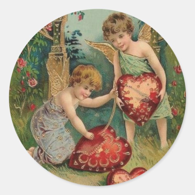 Vintage Valentines Cherubs With Hearts Classic Round Sticker (Front)