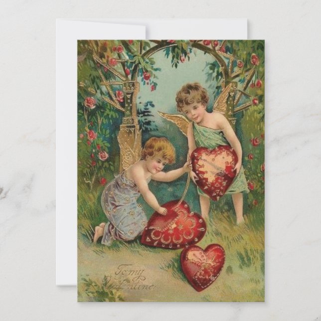 Vintage Valentines Cherubs With Hearts Holiday Card (Front)