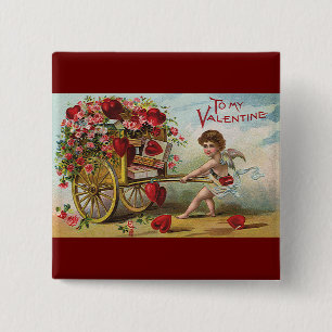 Vintage Valentines Day Angel, Cart of Love Hearts 15 Cm Square Badge