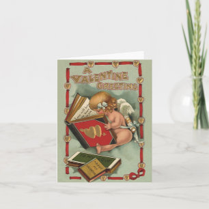 Vintage Valentine's Day Angel, Cupid Reading Book Holiday Card