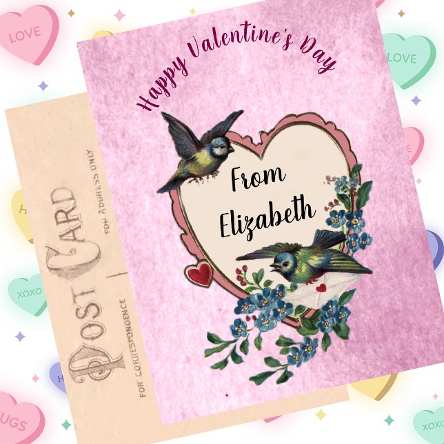 Vintage Valentine's Day Card Bird Flowers Heart (Creator Uploaded)