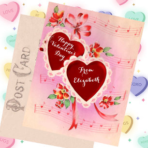 Vintage Valentine's Day Card Red Hearts and Music