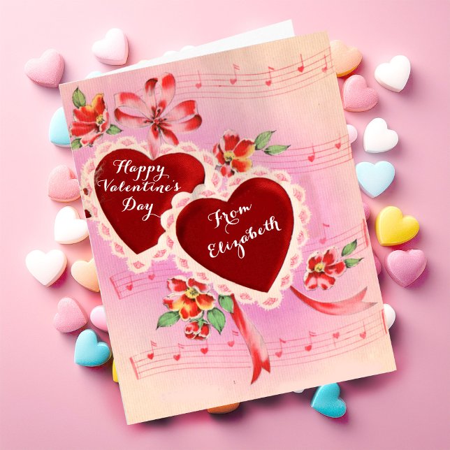 Vintage Valentine's Day Card Red Hearts and Music (Creator Uploaded)