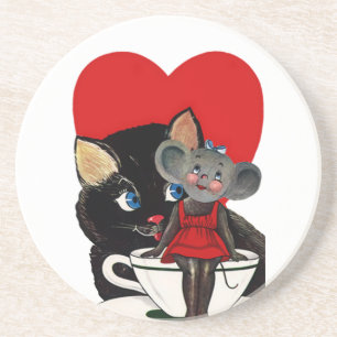 Vintage Valentine's Day, Cat Mouse Tea Cup Heart Coaster