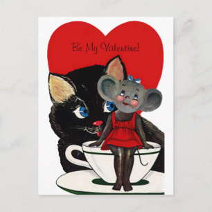 Vintage Valentine's Day, Cat Mouse Tea Cup Heart Holiday Postcard