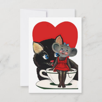 Vintage Valentine's Day, Cat Mouse Tea Cup Heart Invitation